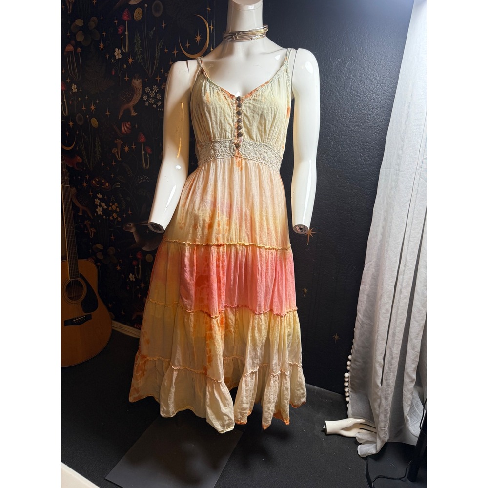 Pasha Desire Tie Dye Tiered Midi Dress Orange Pink Yellow Cotton Boho 1X